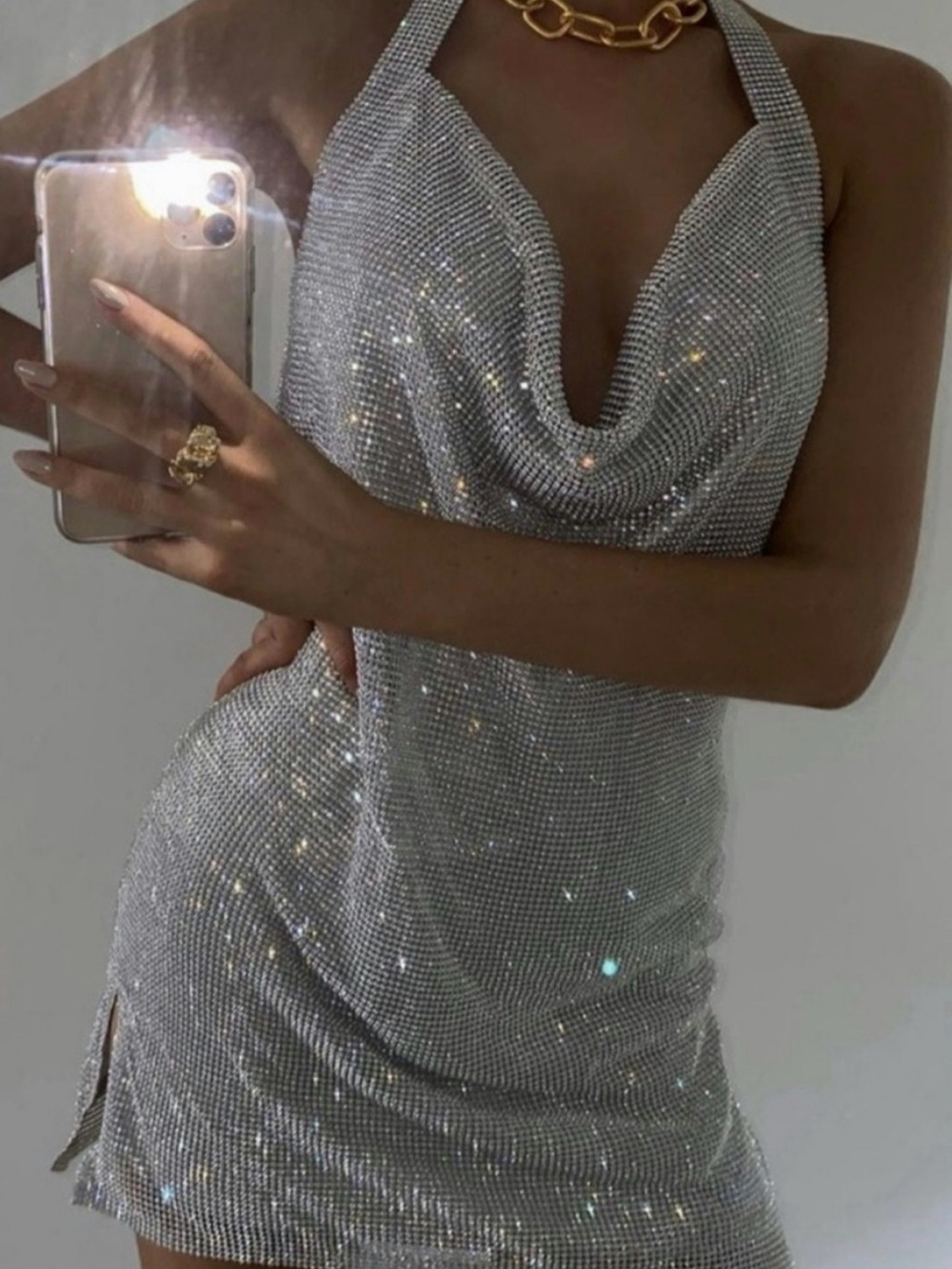 MESHKI Meilani low back diamanté mesh mini dress- silver